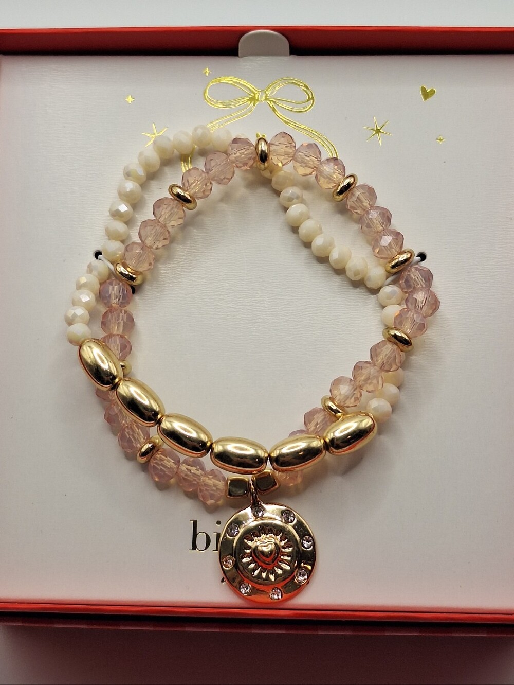 Bijoux Bar Delicates Pink Beaded Bracelet Stack Gold Tone Charm Bracelet Set